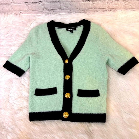 Express Mint Fuzzy Sweater with Gold Buttons - Picture 3 of 7